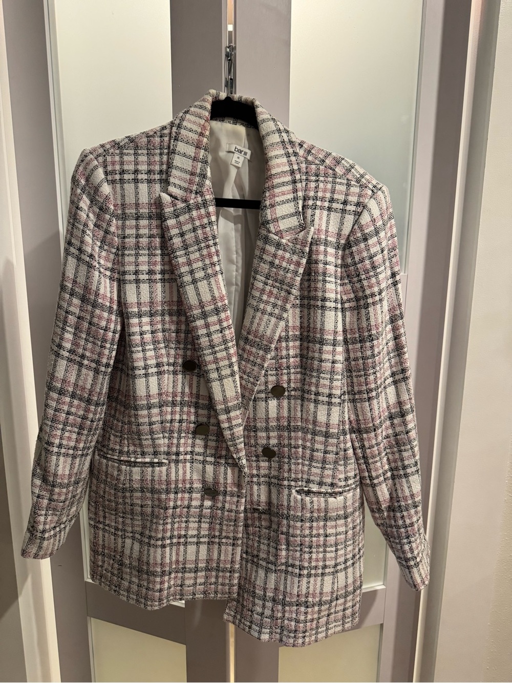 Bar III Pink and Cream Plaid Double-Breasted Blazer